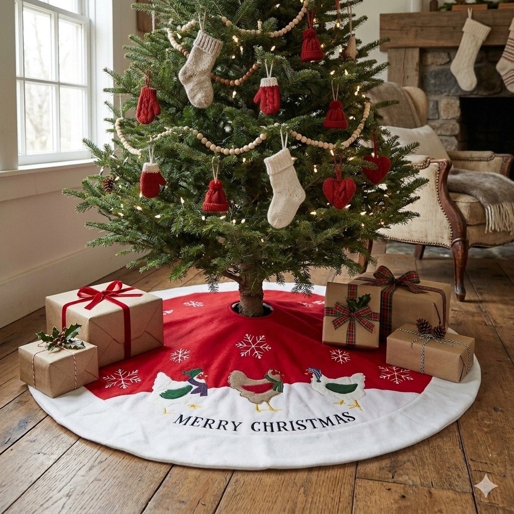 Chicken Christmas Tree Skirt, Farmhouse Holiday Decor, Embroidered Hen Mat